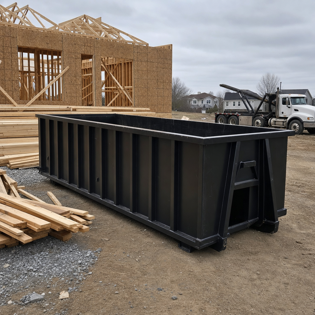 Matte-black 40-yard roll-off dumpster staged on a framed-out residential construction site in Melbourne, framing lumber stacked nearby, hooklift delivery truck visible in the background under bright Colorado daylight