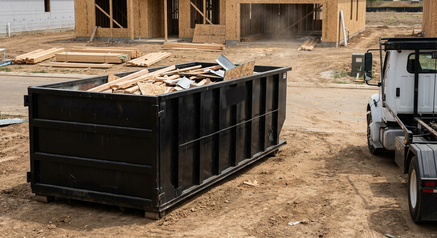 Matte-black 20-yard roll-off construction dumpster with heavy ribbed steel sidewalls and swing rear doors at a working jobsite in Melbourne, sitting directly on compacted dirt with an unmarked white hauler partially visible at the far edge of the frame.