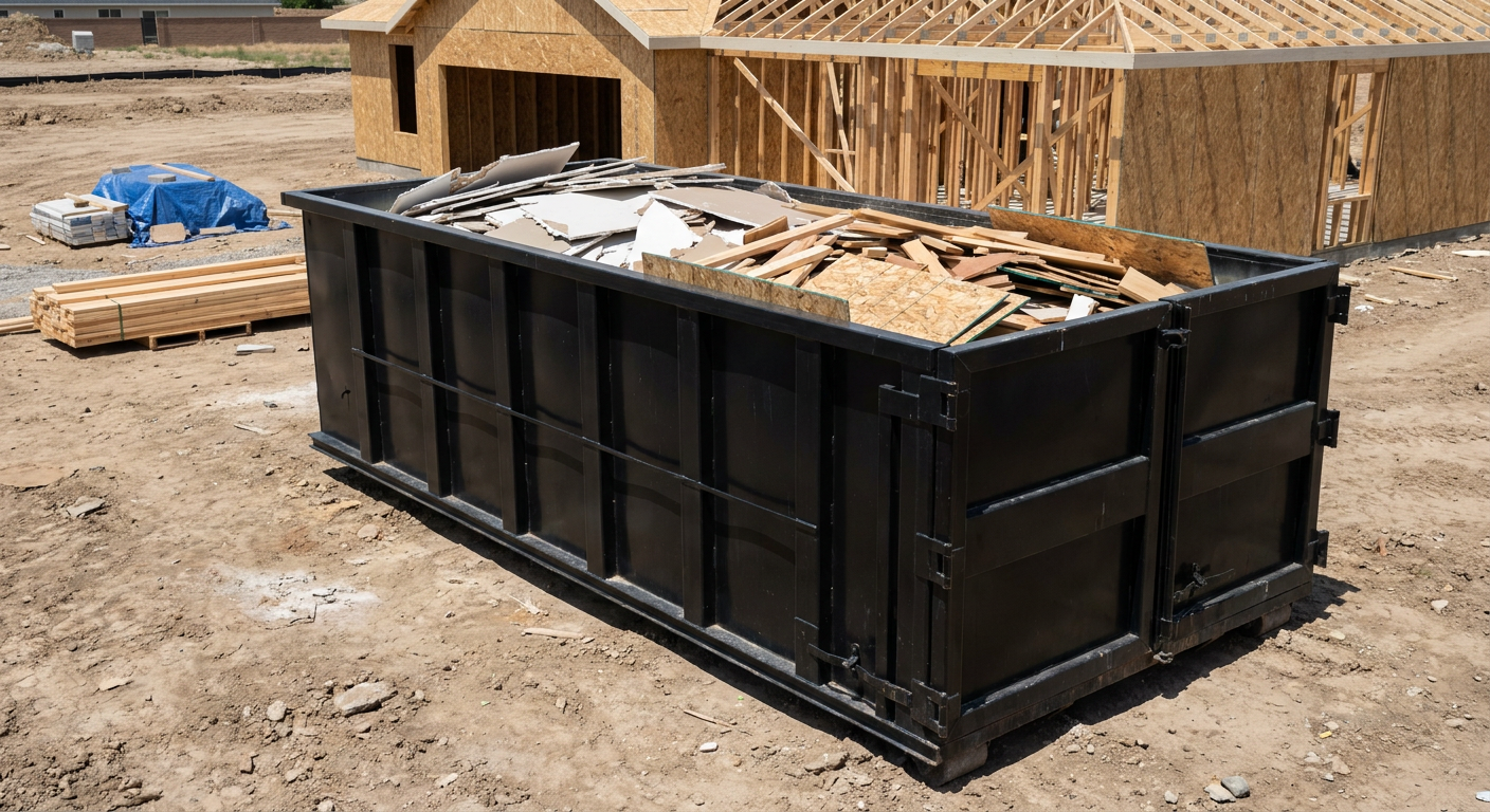 Matte-black 30-yard roll-off construction dumpster sitting directly on the compacted-dirt site of a framed single-family home build in Melbourne, drywall and lumber scrap loaded inside.