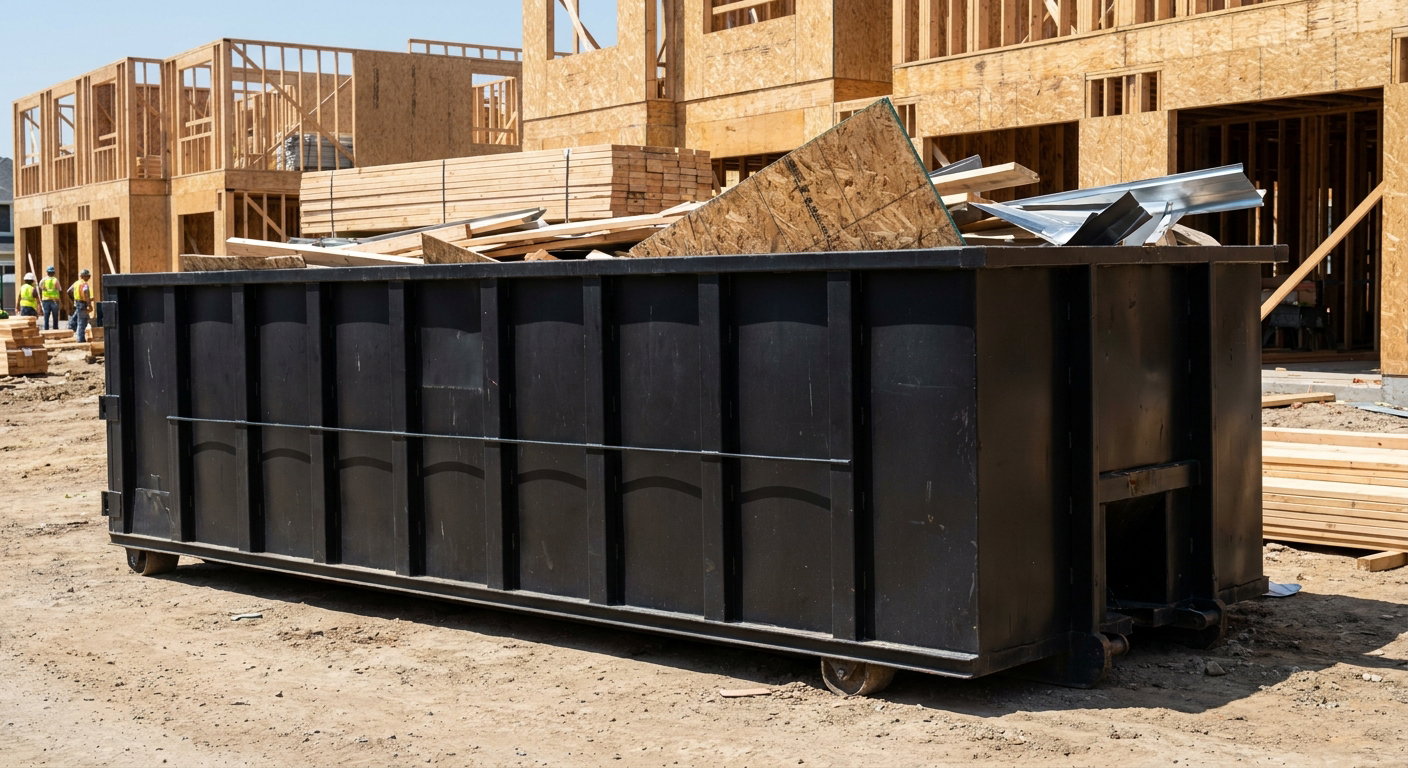 Matte-black 40-yard roll-off construction dumpster being lowered from a white-cab hooklift delivery truck onto the compacted-dirt jobsite at a commercial build site in Melbourne