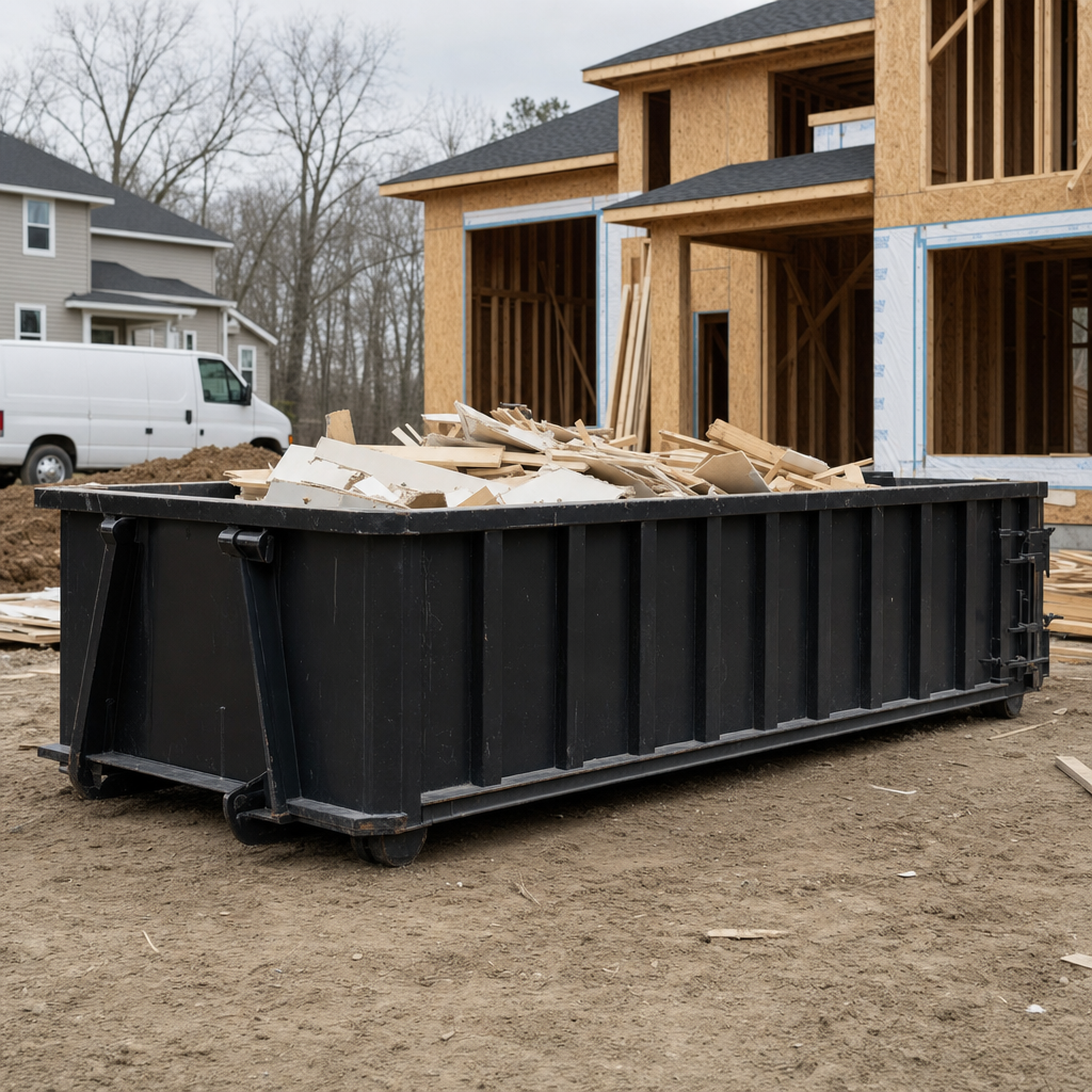 Worker in a yellow high-visibility vest tossing framing lumber and broken drywall into a matte-black 30-yard construction roll-off dumpster on an active build site in Melbourne, bright daylight