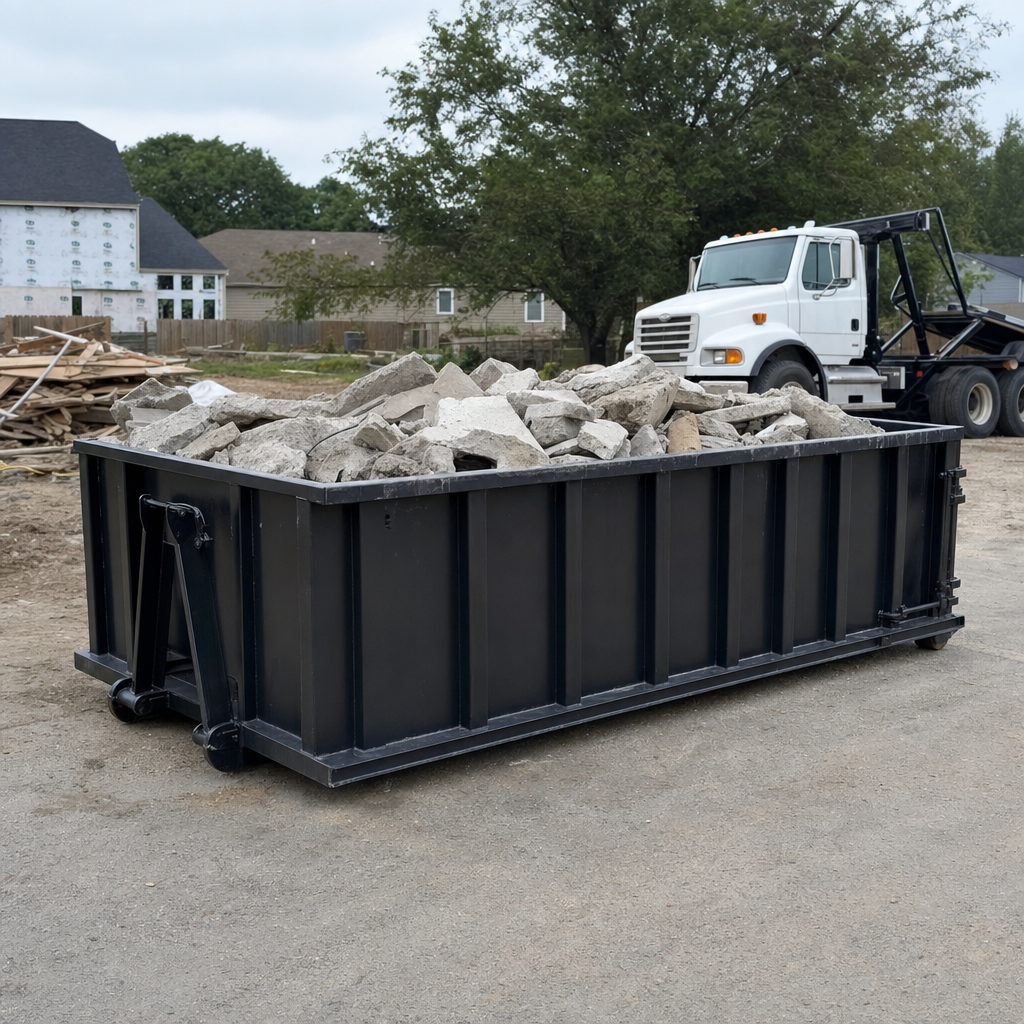 Low-profile matte-black lowboy roll-off dumpster loaded with broken concrete slab and rebar at a foundation tear-out in Melbourne, skid steer parked beside it, sunny Colorado morning