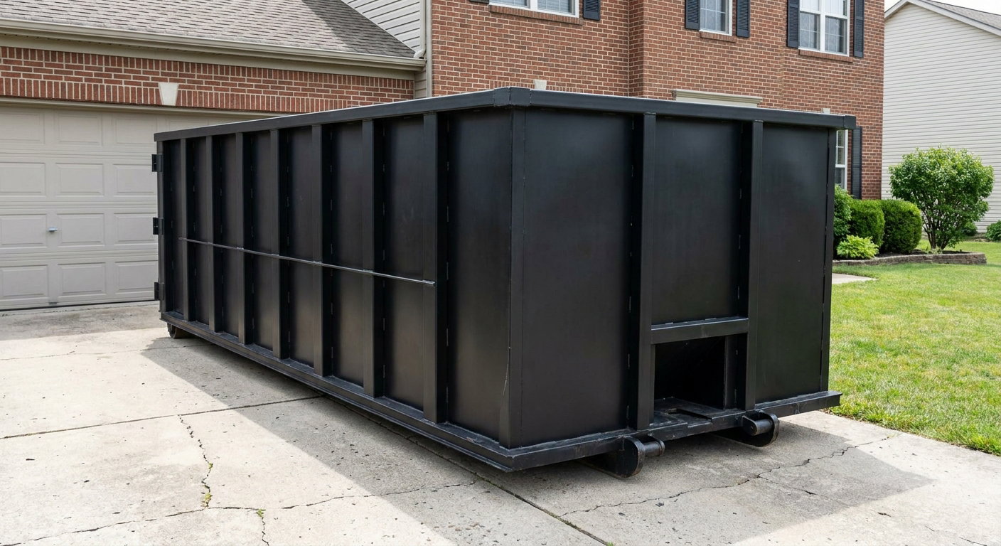 Matte-black 20-yard roll-off container on a Melbourne residential concrete driveway with reinforced ribbed steel sidewalls and a hinged rear walk-in door, clean bright daylight.
