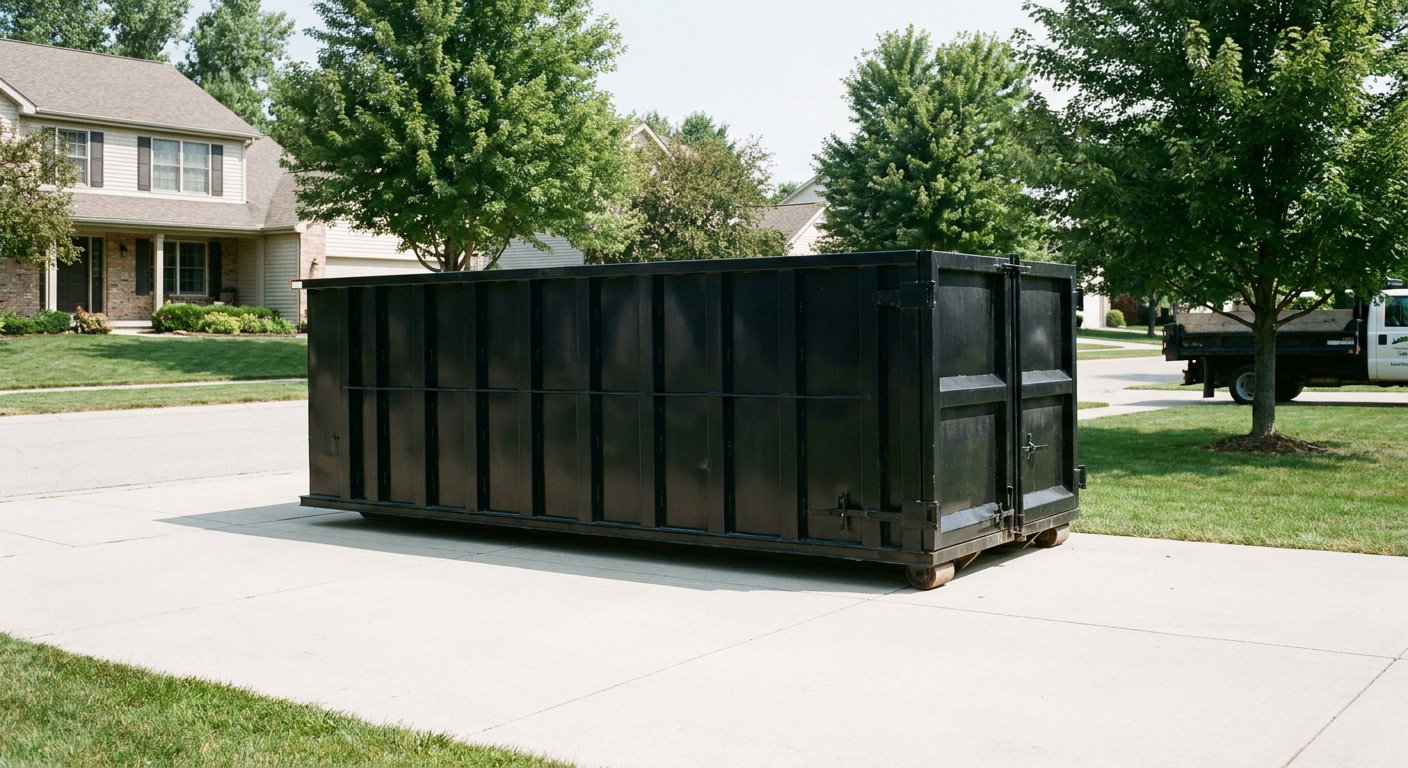Matte-black 20-yard roll-off dumpster sitting level on a clean Melbourne residential concrete driveway under bright daylight, demonstrating clean placement directly on the concrete.