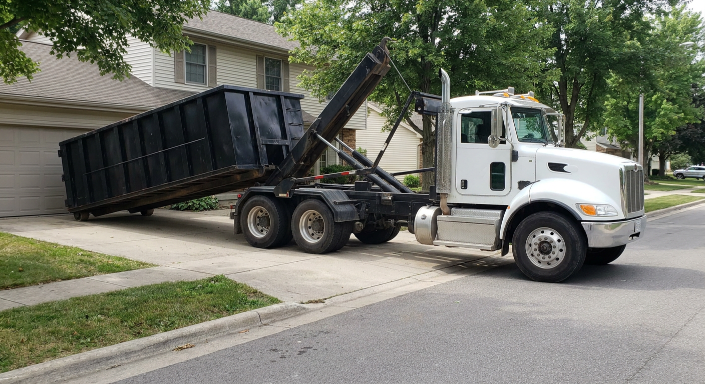 White-cab hooklift roll-off truck actively lowering a matte-black dumpster onto a Melbourne residential concrete driveway, the dumpster's rear wheels touching the driveway as the hoist arm tilts the bed forward, mid-morning daylight.