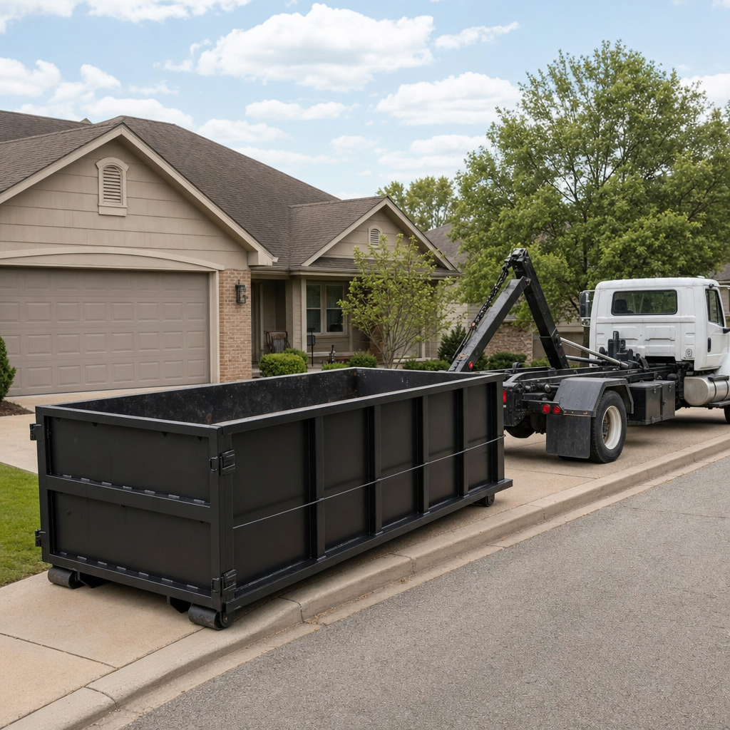 Wide documentary shot of a matte-black roll-off dumpster on a Melbourne residential driveway in the foreground and a contractor jobsite container in the soft-focus background, bright daylight, calm and orderly composition.