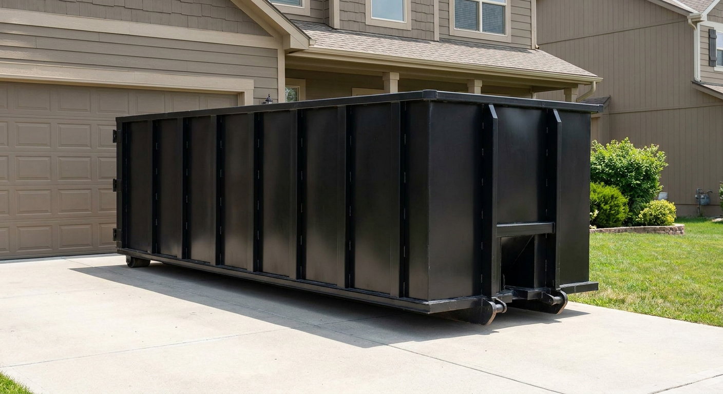 Matte-black residential roll-off dumpster sitting directly on a suburban Melbourne concrete driveway, garage door closed, single-family home in background, bright morning daylight.