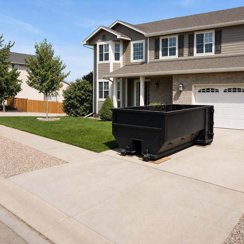 10-yard matte-black residential dumpster placed directly on a narrow Melbourne concrete driveway, room remains for a parked sedan beside it, mid-morning natural light