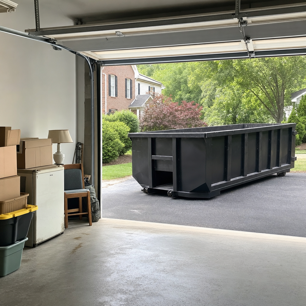 Open garage interior in a Melbourne home mid-cleanout — boxed items, an old appliance, and stacked yard tools queued near the driveway for a matte-black roll-off dumpster, organized and calm