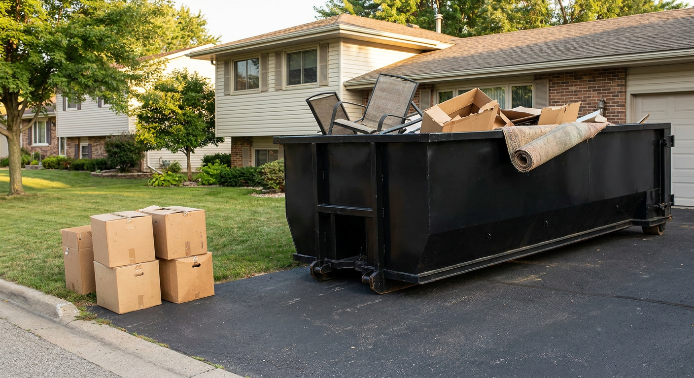 Front-yard view of a Melbourne split-level home with a 20-yard matte-black roll-off dumpster sitting directly on the asphalt driveway, a few clearly labeled donation boxes staged at the curb, calm sunny afternoon.