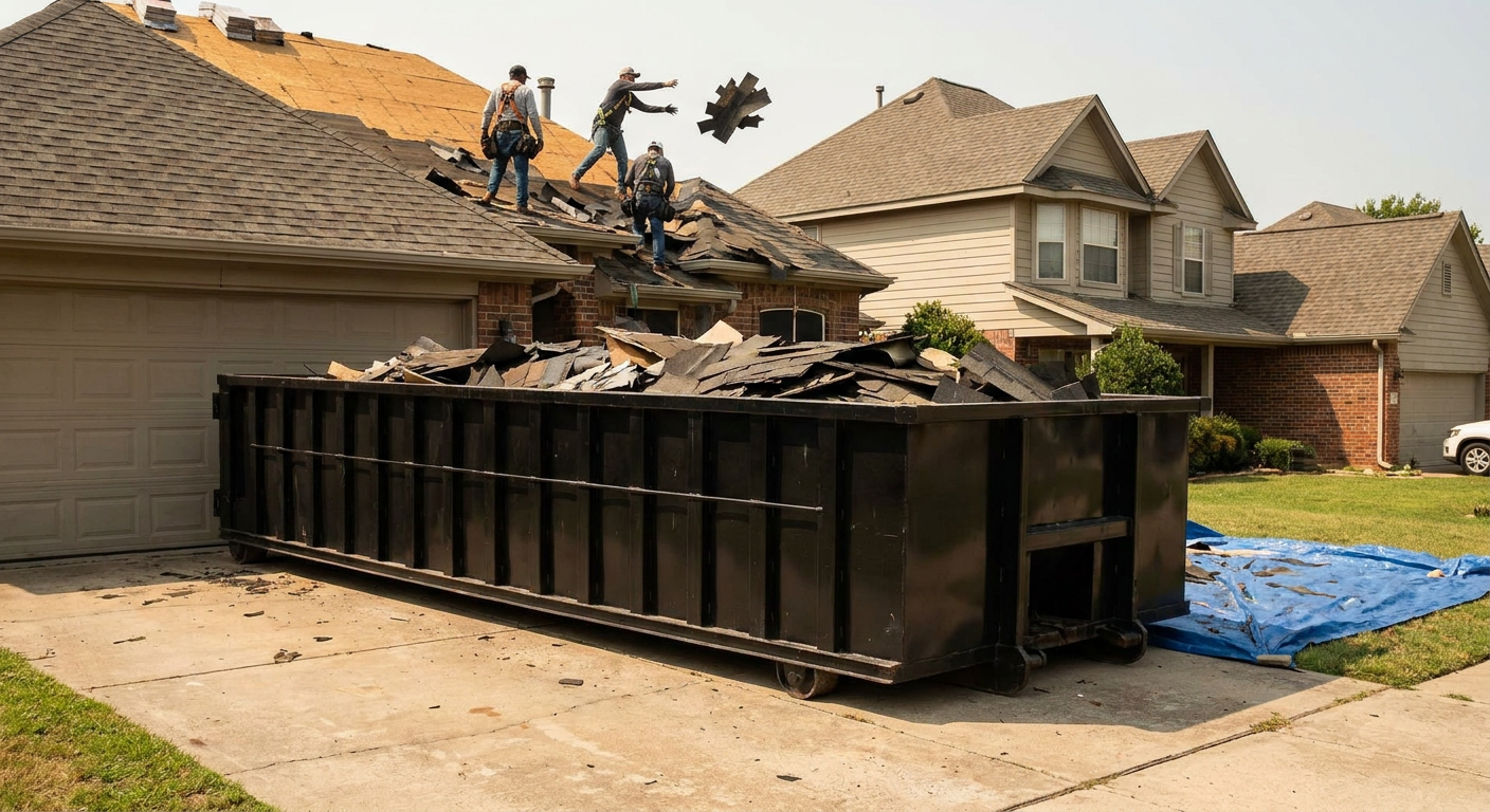 Matte-black roofing roll-off dumpster placed directly on a Melbourne residential concrete driveway, a tear-off crew on a two-story asphalt-shingle roof tossing shingle bundles into the low-walled container, bright daylight, documentary 35mm perspective.