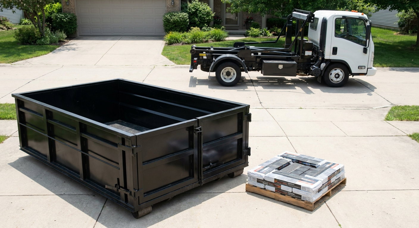 Matte-black 15-yard roofing roll-off dumpster with reinforced low side walls sitting directly on a Melbourne residential concrete driveway, three-tab asphalt shingle bundles stacked nearby, an unmarked white hauler truck partially visible at the edge of the frame.