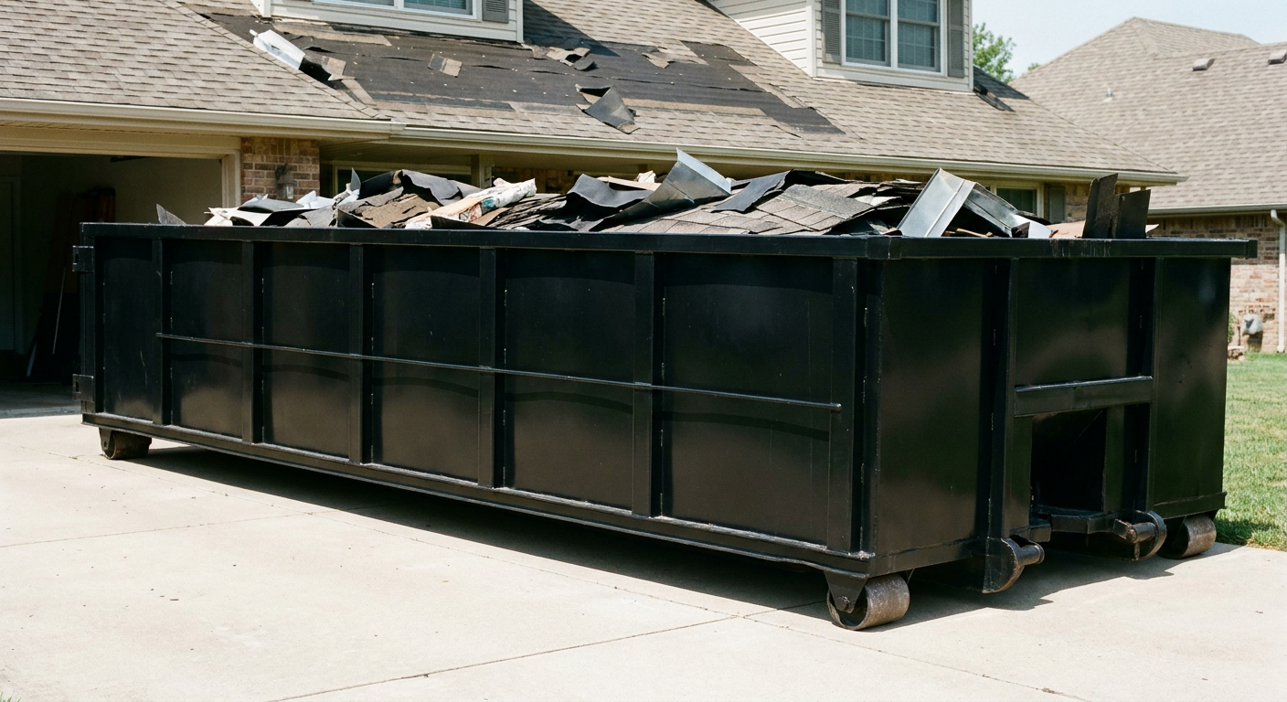 Matte-black 20-yard roofing roll-off dumpster with steel ribbed sides and swinging rear door, sitting directly on the concrete driveway of a two-story Melbourne home, asphalt shingle debris being loaded over the low wall, clean documentary lighting.