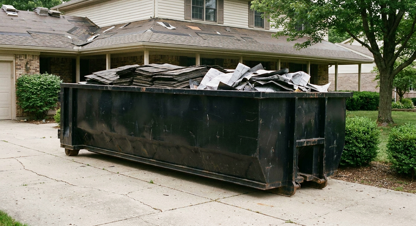 Matte-black 30-yard roofing roll-off dumpster sitting directly on a Melbourne concrete driveway, taller ribbed steel side panels, mixed tear-off debris of asphalt shingles and underlayment inside, professional documentary daylight.