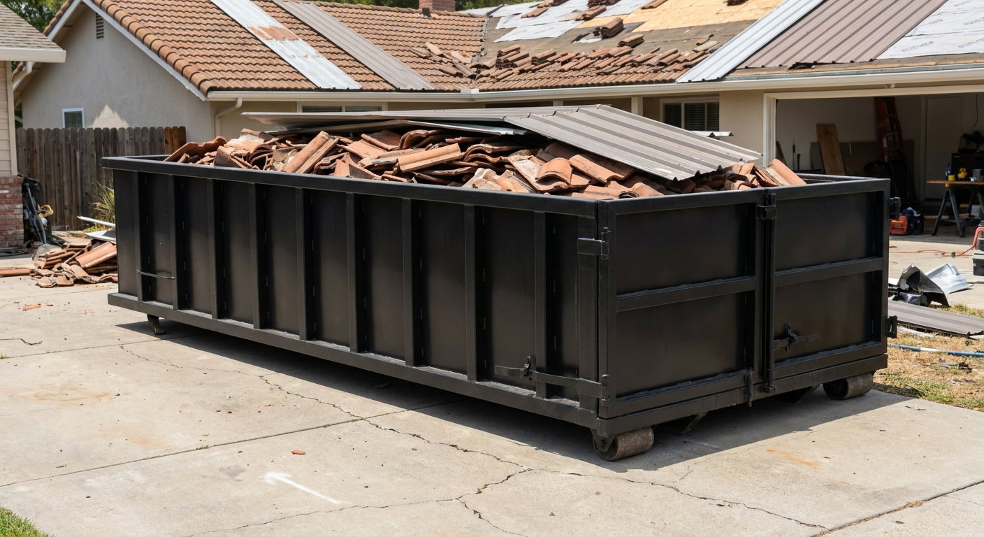 Matte-black low-wall heavy-debris roofing roll-off dumpster sitting directly on a Melbourne concrete driveway, broken concrete clay roof tiles and metal panel sections loaded inside, reinforced ribbed steel side walls visible, bright outdoor daylight.