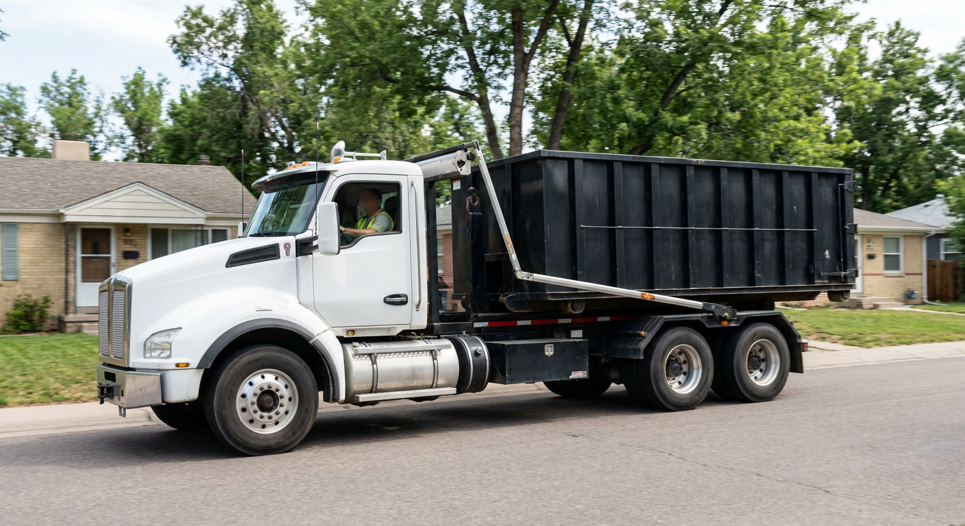A wide documentary shot of a matte-black roll-off delivery truck pulling onto a quiet Melbourne residential street at mid-morning, with neighborhood rooftops and tree-lined blocks visible behind, showing the metro coverage footprint.