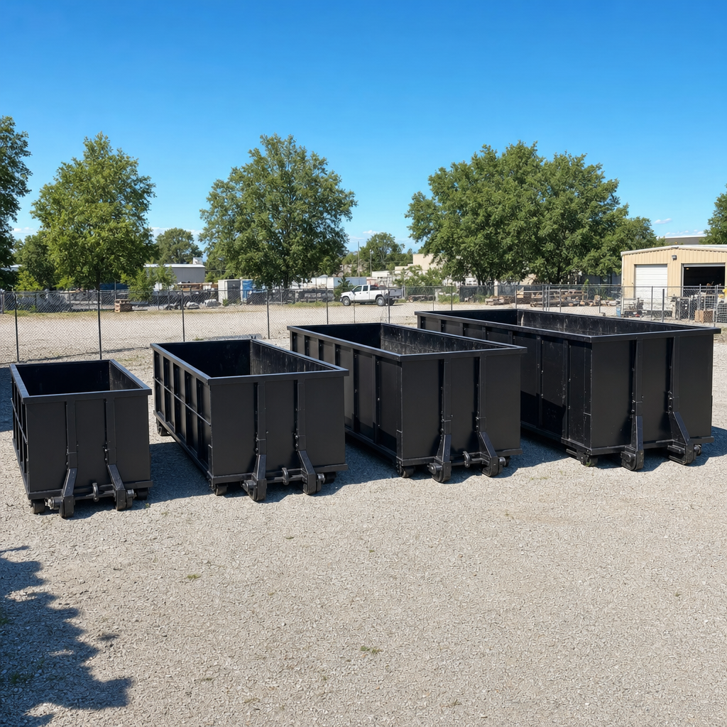 A clean lineup of matte-black roll-off dumpsters in 10, 20, 30, and 40-yard sizes staged on a sunlit gravel yard in Melbourne, showing the size progression from compact to commercial-scale containers.