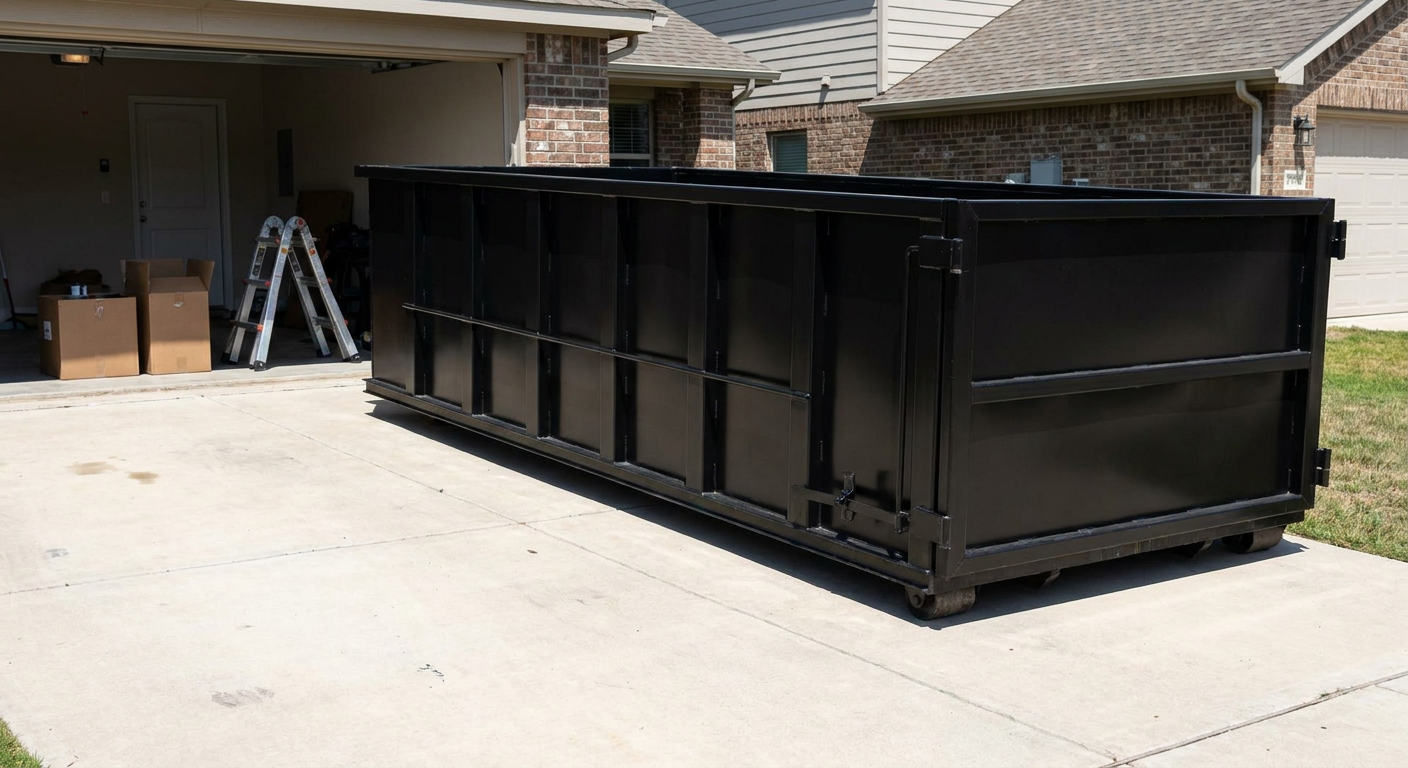A matte-black 10-yard roll-off dumpster sitting directly on a residential Melbourne concrete driveway, mid-day sunlight, clean and ready for a garage cleanout.