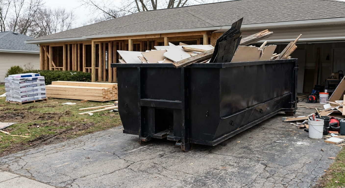 A matte-black 20-yard roll-off dumpster placed alongside a mid-renovation Melbourne home directly on the asphalt driveway, with framing materials and torn-off shingles staged neatly nearby.