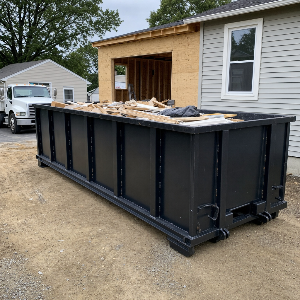 A matte-black 30-yard roll-off dumpster positioned at a Melbourne residential addition jobsite, with framing lumber and drywall scraps loaded through the open swinging rear doors.