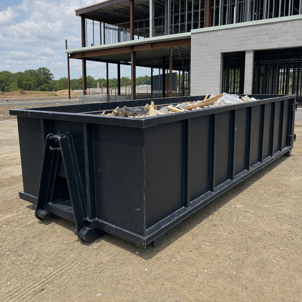 A matte-black 40-yard roll-off dumpster staged on a large Melbourne commercial construction lot, with a hooklift delivery truck parked alongside under bright midday sky.