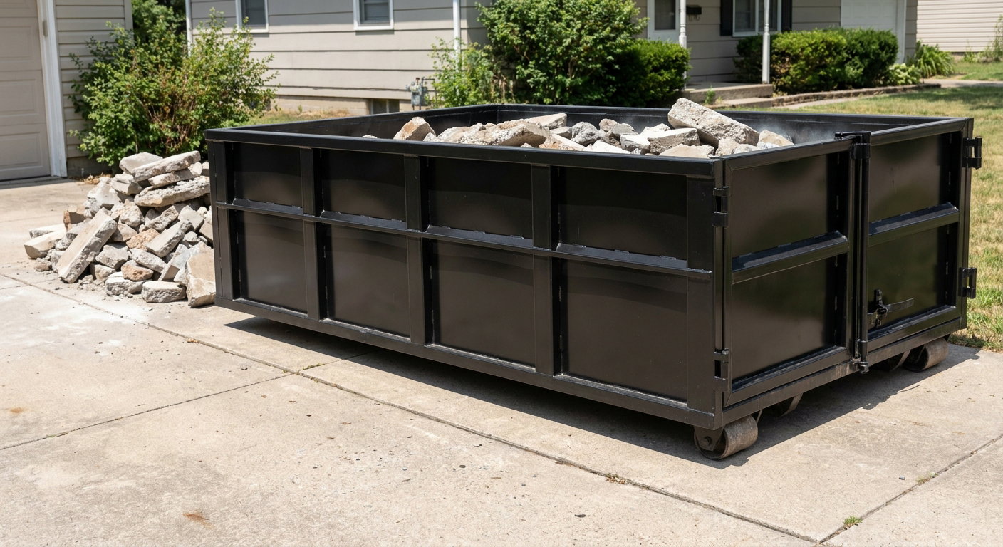 A matte-black low-side heavy-debris roll-off dumpster placed directly on a Melbourne concrete driveway, with broken concrete chunks neatly stacked beside it under clean daylight.